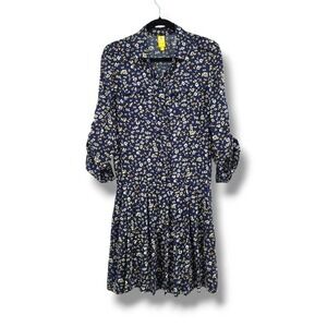 QMack Floral Print Shirt Dress‎ Long Sleeve Pockets Casual Blue Size M